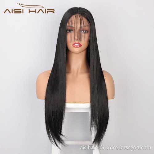 Aisi Hair Long Natural Straight Black Wig With Baby Hair Bangs Swiss Lace Wig Synthetic Lace Frontal Hair Wigs For Black Women